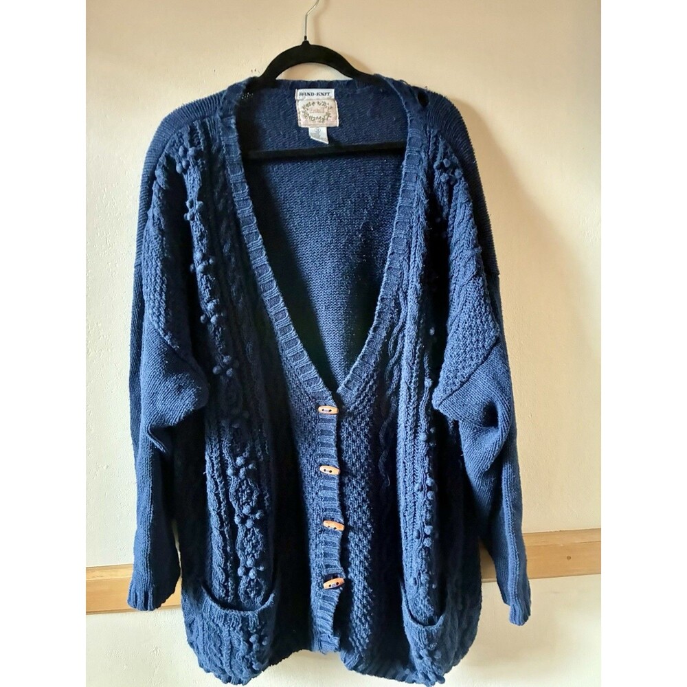 Hand Knit Erika II 3X Blue Cable Knit Bobble Cardigan Ramie Cotton Sweater